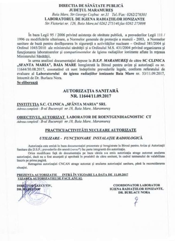 Autorizație sanitară clinică Sfânta Maria, Baia Mare.