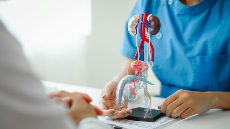 Doctor aratând o macheta de urologie unui pacient